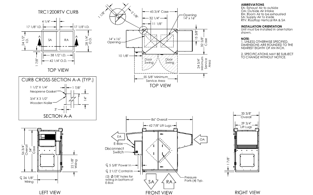 Dimensional drawing for the TRC1200 model.