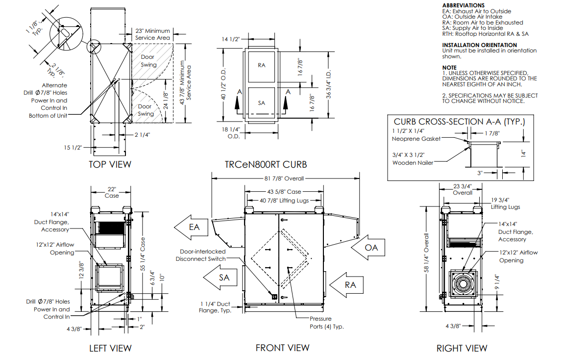 Dimensional drawing for the TRC1600 model.